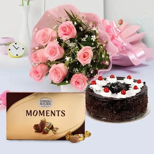 Yummy Black Forest Cake with Pink Roses N Ferrero Rocher Moments