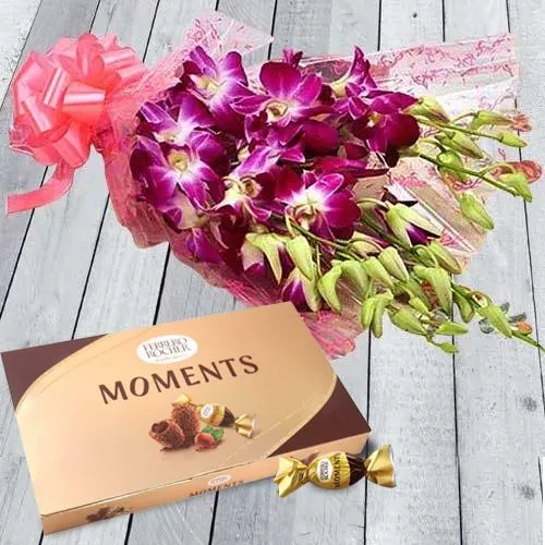 Wonderful Bunch of Orchids with Ferrero Rocher Moment Chocolate Box