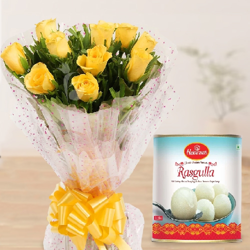 Order Bouquet of Yellow Roses with Pack of Haldiram Rasgulla