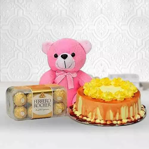 Send Butterscotch Cake N Ferrero Rocher with a Soft Teddy