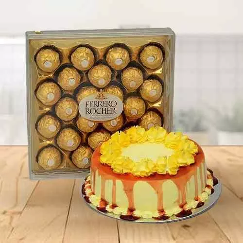 Delectable Combo of Butter Scotch Cake with Ferrero Rocher Chocolate