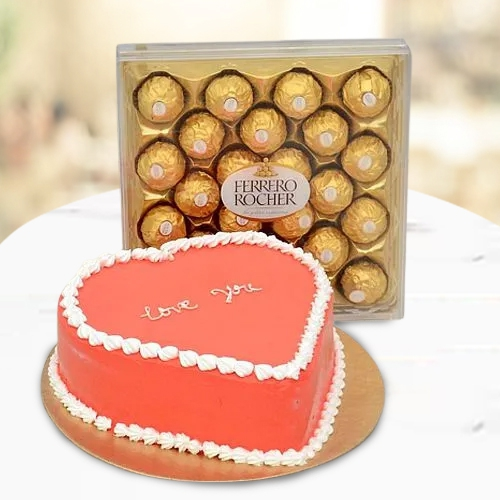 Extraordinary Love You Heart Shape Cake N Fererro Rocher Chocolate Combo