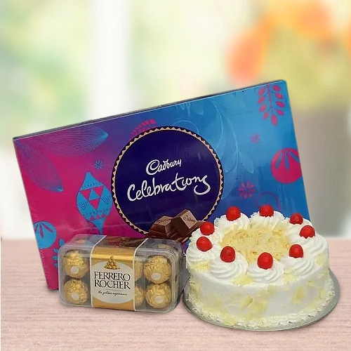 Attractive Combo of Cadbury Celebration, Ferrero Rocher and White Forest Cake