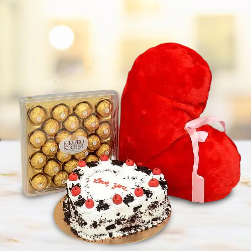 Romantic Gift of Heart Cake N Cushion with Ferrero Rocher