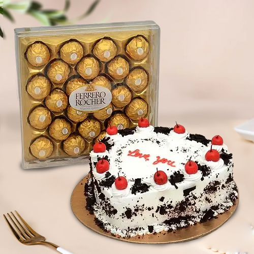 Marvelous Combo of Ferrero Rocher Pack with Heart Shape Black Forest Cake