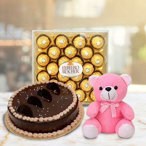 Ecstatic Gift of Ferrero Rocher N Chocolate Cake with Cute Teddy
