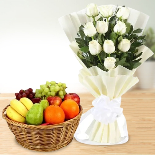 Send White Roses Bouquet N Fresh Fruits Combo