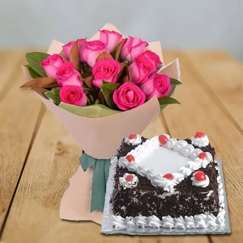 Shop Soft Pink Roses bunch with delectable Black Forest Cake for Mom 