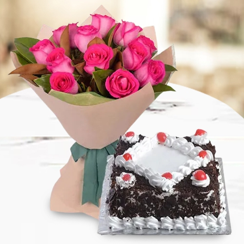 Shop Online Pink Roses Bunch with Black Forest Cake