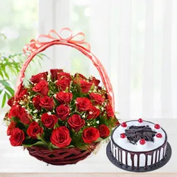 Order Red Roses Arrangement with Black Forest cake