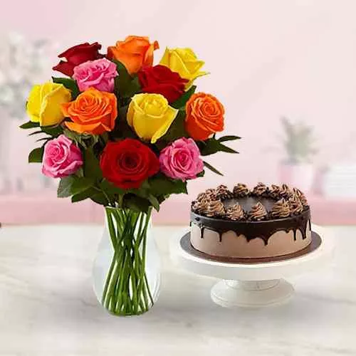 Assorted Roses Arranged in a Glass Vase N Chocolate Cake