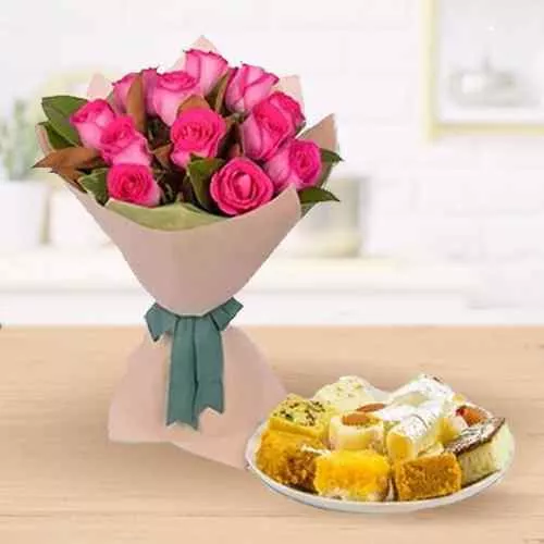 Deliver Mixed Sweets Box and Pink Roses Bouquet