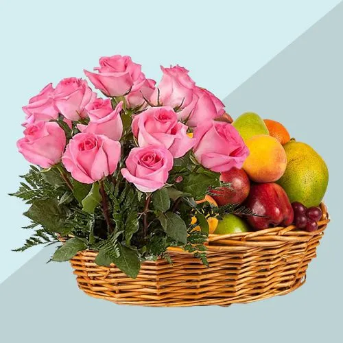 Delectable Basket of Fresh Fruits N Roses