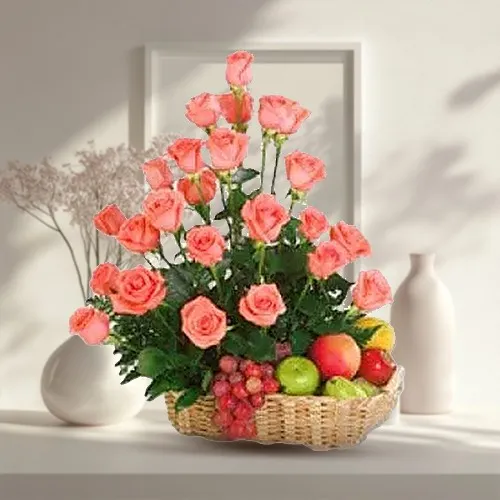 Dozen of incandescent Roses with nutritious Fruits Basket