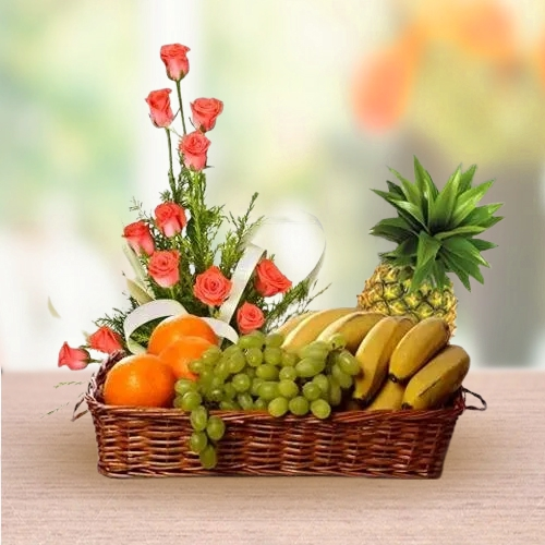 Pink Roses N Fruity Basket