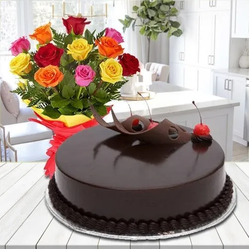 Deliver Glorious Roses with yummy Chocolate Cake