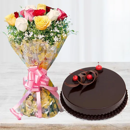 Order Online Mixed Roses with Chocolate Cake
