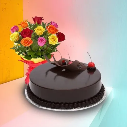 Order Online Mixed Roses with Chocolate Cake