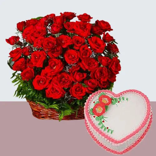 Marvelous Roses Basket Arrangement and  Love Cake