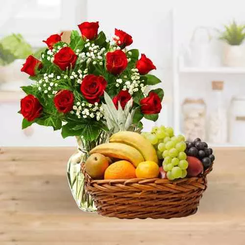 Deliver Red Roses in a Vase and Tasty Fruits 