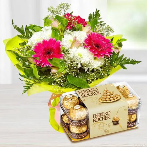 Send Seasonal Flower Bouquet with Ferroro Rocher 16 pcs Box 