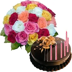 Marvelous Mixed Roses Bunch with Chocolate Cake
