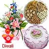 Send Diwali Gift of Nicely Wrapped Mixed Seasonal Flower with Egg less Pineapple Cake 1 Kg. and Mixed Dry Fruits 250 Gms.