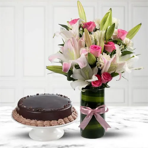 Classic Mixed Flowers Vase N Chocolate Cake Combo