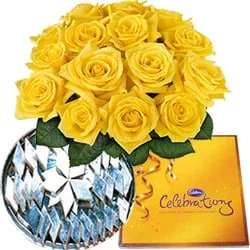 12 Yellow Roses with Cadbury Celebration and Kaju Katli 