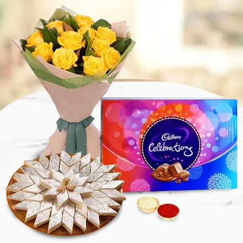 12 Yellow Roses with Cadbury Celebration and Kaju Katli