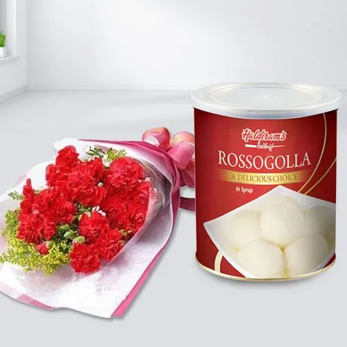 12 Red Carnations Bouquet with Rasgulla