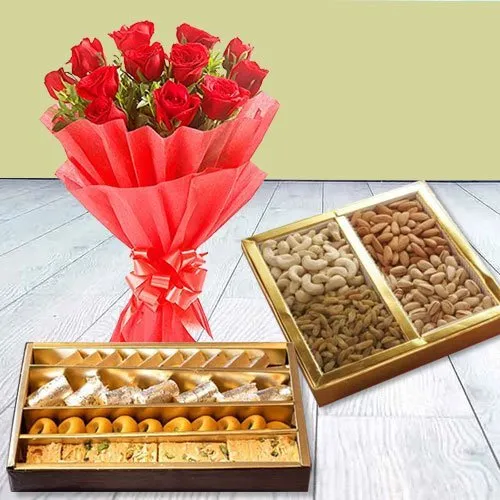 Red Rose Bouquet with Assorted Sweets and Dry Fruits 