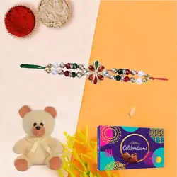 Two Rakhi with Cadbury Celebration Chocolates Pack n 8 inch Teddy Bear