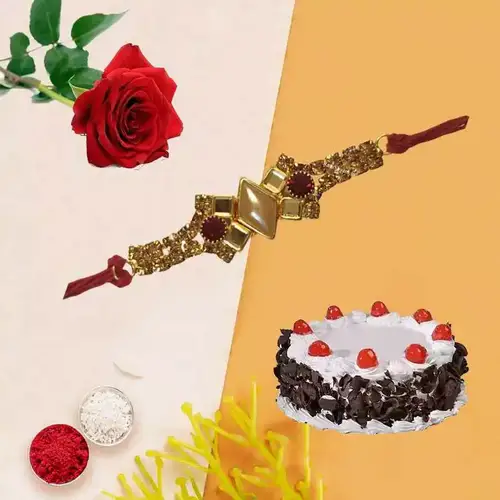 Time to rejoice with black forest cake, Rose,and Free Rakhi ,  Roli Tilak and Chawal