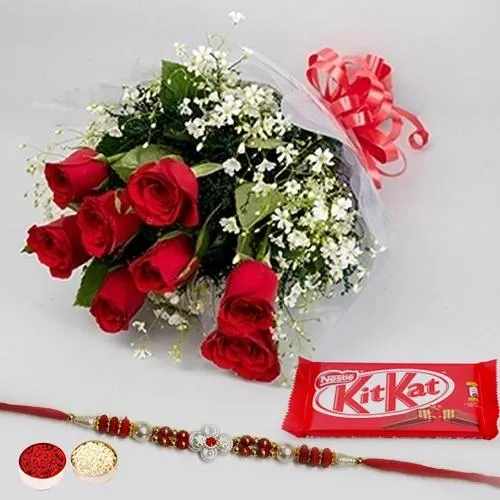 Rakhi with Red Roses and a free Kitkatt chocolate Pack
