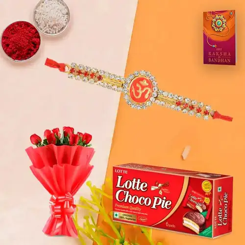 Traditional Rakhi with a Dozen Roses in Red and a Choco Pie Box