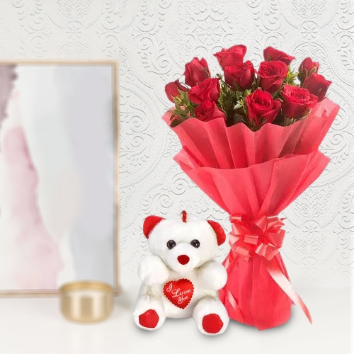 Exclusive Dutch Red Roses  Bunch with a small teddy bear