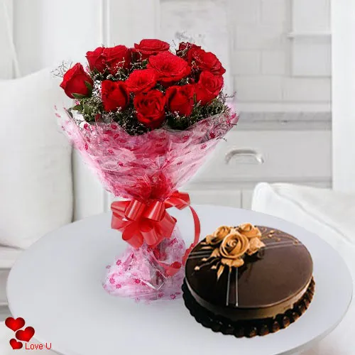 12 Exclusive Dutch Red Roses  with 5 Star Bakery Cake 1 Kg from 5 star Hotel Bakery (Limited Cities)