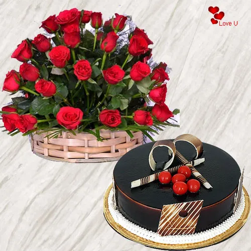 50 Dutch Red Roses Basket with Chocolate Cake.