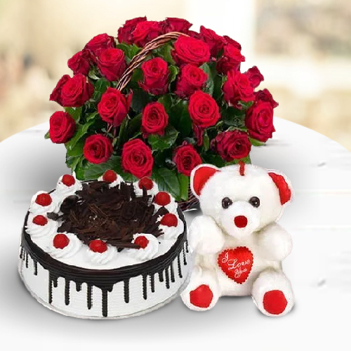 Deliver Online Red Roses Basket with Black Forest Cake N Teddy