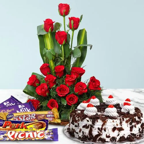 Rose Day Gift of Red Roses, Cake N Cadbury Celebration