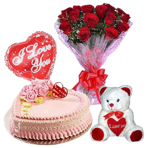 12 Exclusive Dutch Red Roses  Bunch with Cute Teddy Bear Love Cake 1 Lb and  Heart Shaped Balloons