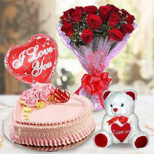 Online Red Roses Bunch with Teddy, Love Cake N Balloons