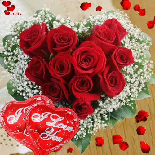 Buy Heart Shape Red Roses Arrangement N Balloons Online