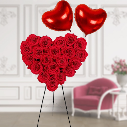 Heart Shaped Dutch Roses Arrangement with Balloons