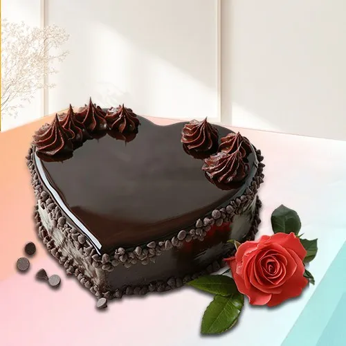 Deliver Love Shape Chocolate Cake N Single Red Rose Online