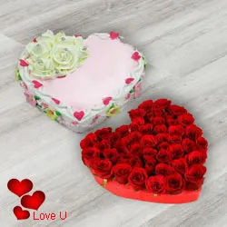 Heart Shape Dutch Red Roses with Heart Shape Cake