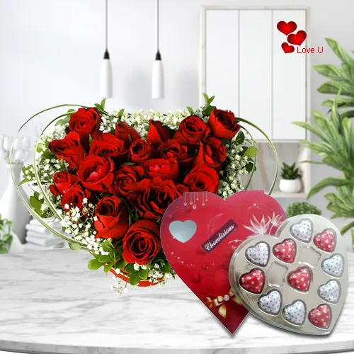 12 Dutch Red Roses in Heart Shape Arrangement and Heart Shaped Delicious Chocolate Box