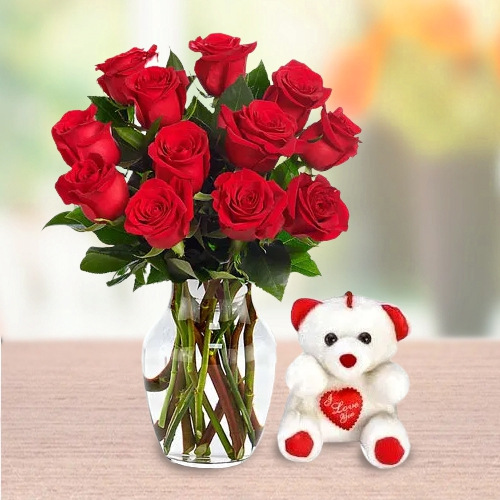 V-Day Gift of Red Roses in a Vase with Cute Teddy