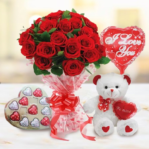 24 Exclusive Red Dutch Roses Bouquet and Heart Shape Chocolate Box Heart Shape Balloon and Small Teddy Bear